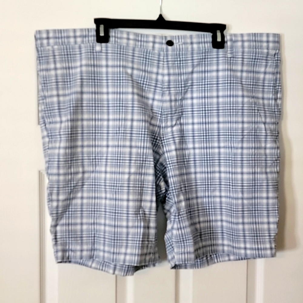 Blue and white plaid khaki shorts